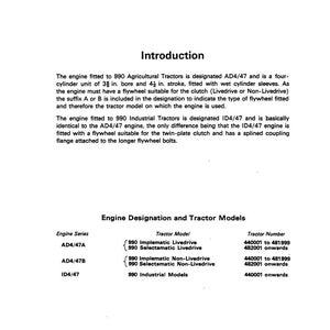 May include: A white document with the title "Introduction" and text describing the AD4/47 and ID4/47 engines for 990 tractors. Includes a table with engine series, tractor models, and tractor numbers.
