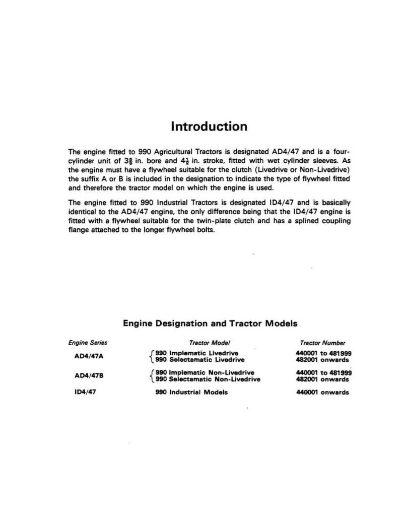 May include: A white document with the title "Introduction" and text describing the AD4/47 and ID4/47 engines for 990 tractors. Includes a table with engine series, tractor models, and tractor numbers.