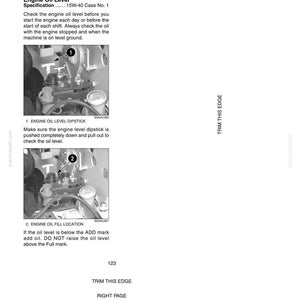 May include: A page from a manual with instructions on checking engine oil levels. The text includes "Engine Oil Level" and "Every 10 Hours or Daily." Diagrams show dipstick and fill locations. The page is white with black text and diagrams.