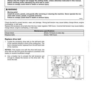 May include: A page from a maintenance manual detailing how to replace a drive belt. The text includes warnings about entanglement hazards and moving parts. An illustration shows the engine components and belt location.