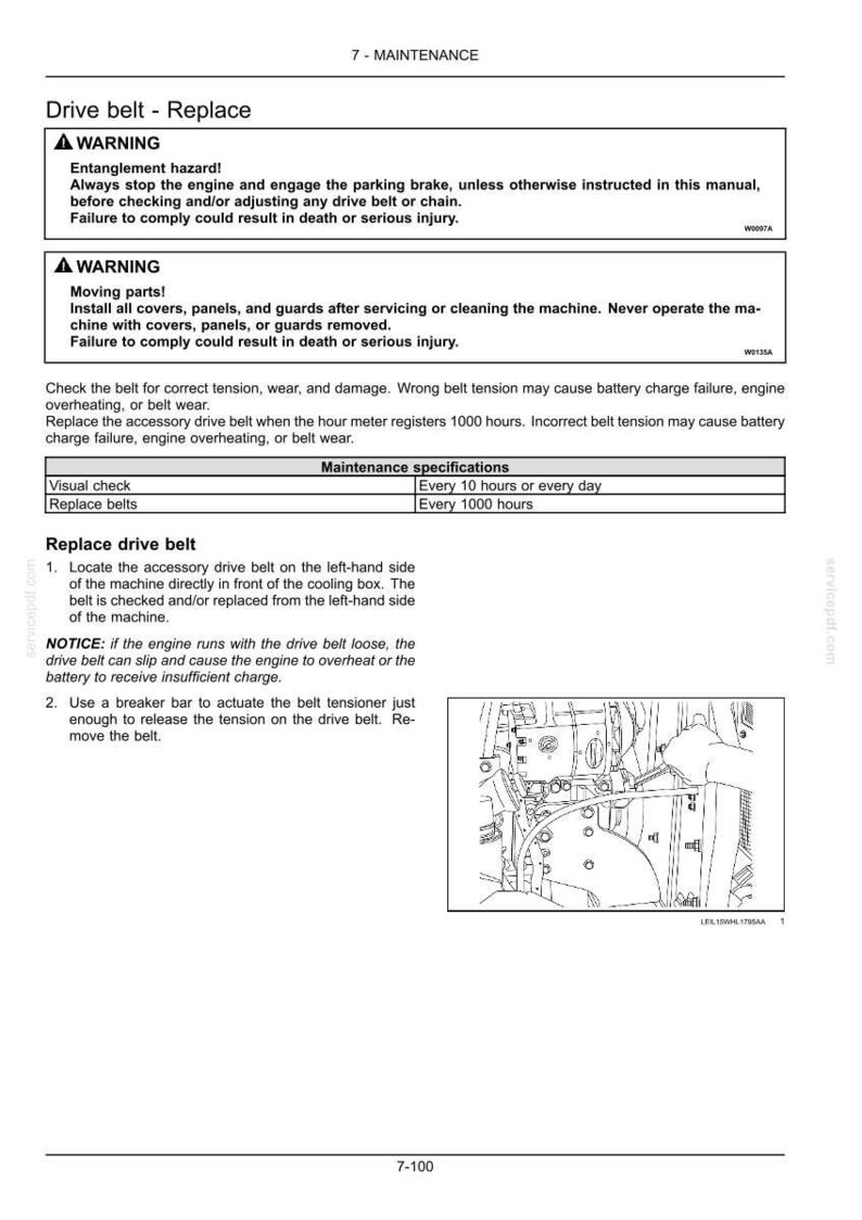 May include: A page from a maintenance manual detailing how to replace a drive belt. The text includes warnings about entanglement hazards and moving parts. An illustration shows the engine components and belt location.