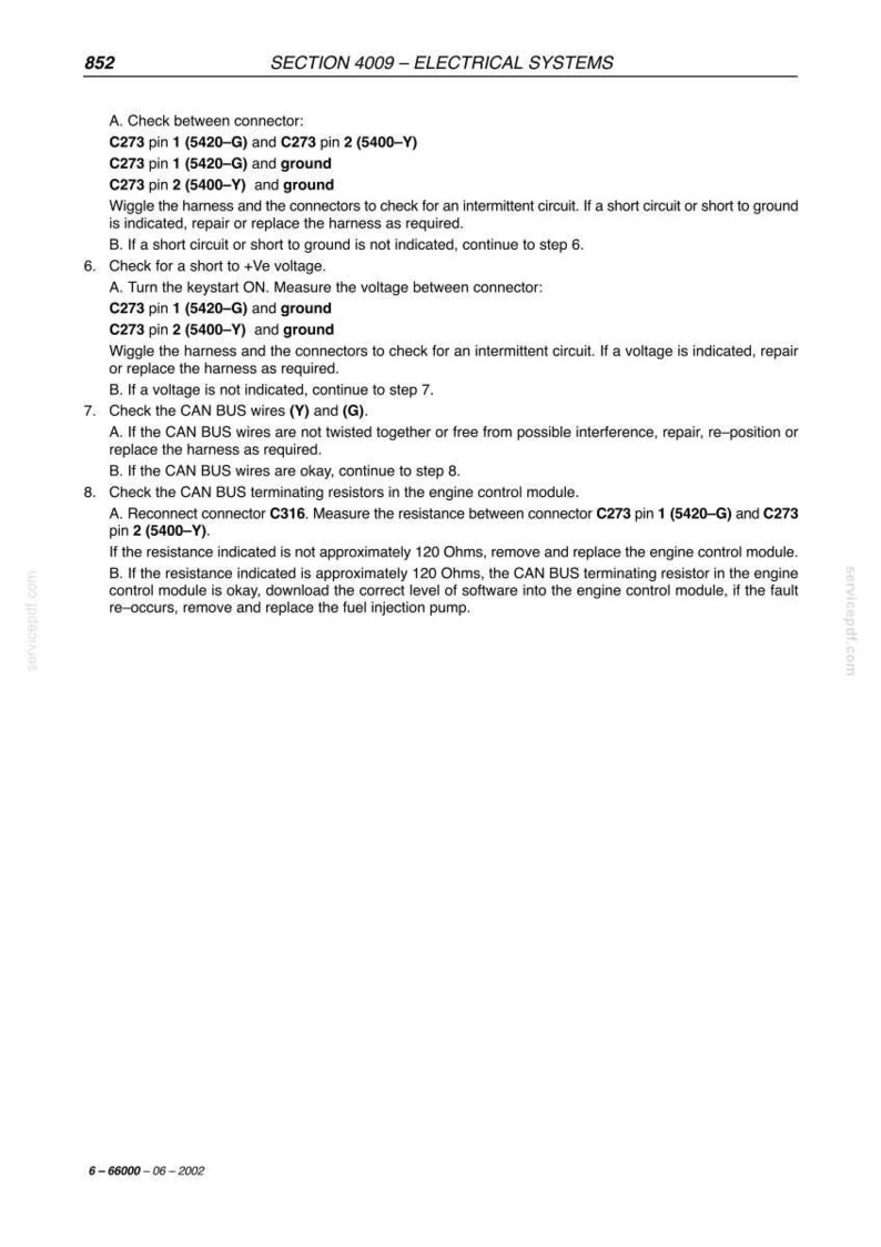 May include: A page from a manual detailing electrical system diagnostics. The text includes instructions for checking connectors, voltage, and CAN BUS wires, with specific connector references like C273 and C316.