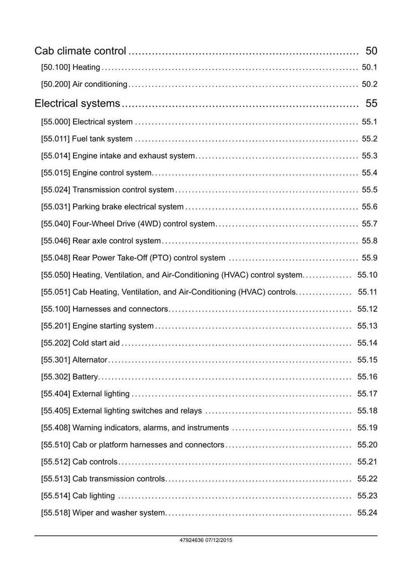 May include: Page from a manual detailing vehicle electrical systems and cab climate control. Sections include heating, air conditioning, fuel tank, engine control, and lighting. The document is dated 07/12/2015.
