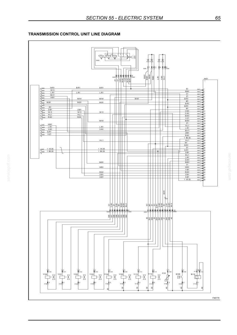May include: A technical line diagram titled SECTION 55 - ELECTRIC SYSTEM and TRANSMISSION CONTROL UNIT LINE DIAGRAM. The black and white schematic features numerous interconnected lines, electrical symbols, and alphanumeric labels on a white background.
