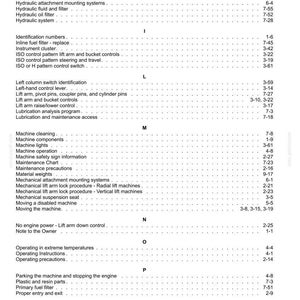 May include: A black and white index page from a technical manual, organized alphabetically from H to R. The text lists various machine maintenance and operation topics, such as hydraulic systems, lift arm controls, and engine procedures, with page numbers.