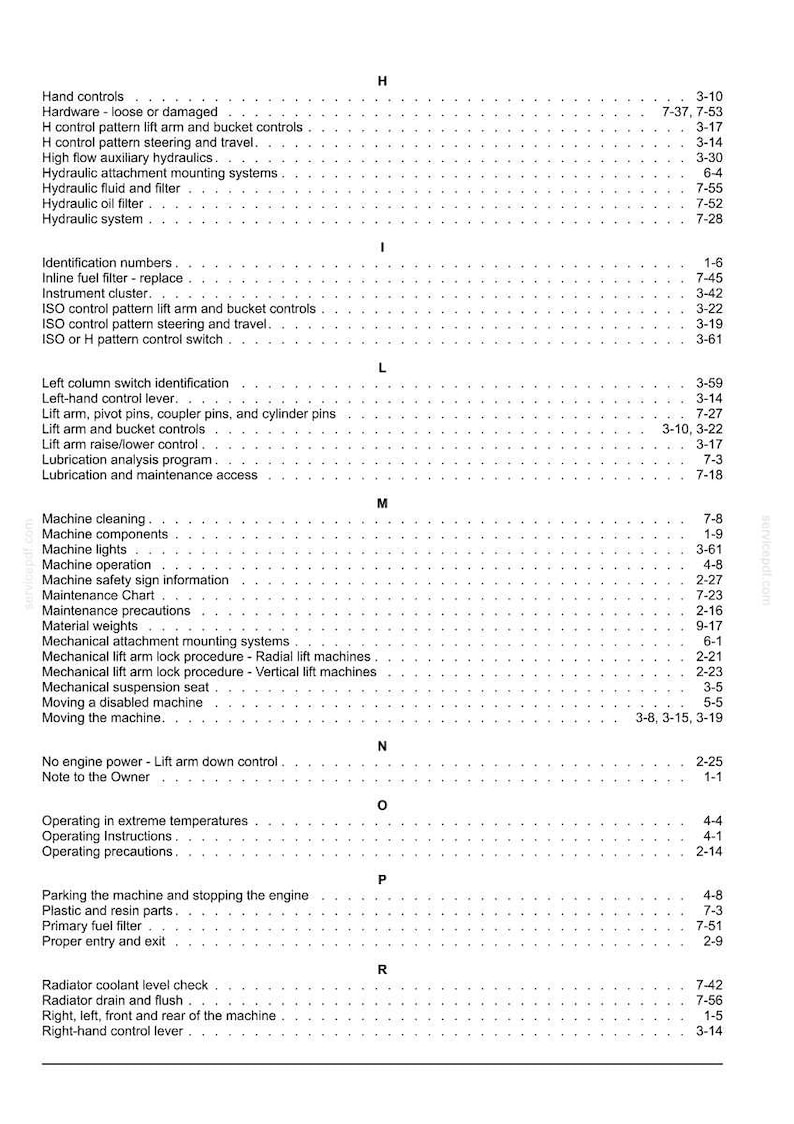 May include: A black and white index page from a technical manual, organized alphabetically from H to R. The text lists various machine maintenance and operation topics, such as hydraulic systems, lift arm controls, and engine procedures, with page numbers.