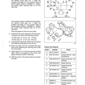 以下が含まれることがあります： SECTION 10 - ENGINE - CHAPTER 1と題された技術マニュアルのページ。エンジンフロントカバーの取り付け手順、番号付きの部品図、およびグリースとシーラントのコードと名称が記載された表が含まれています。