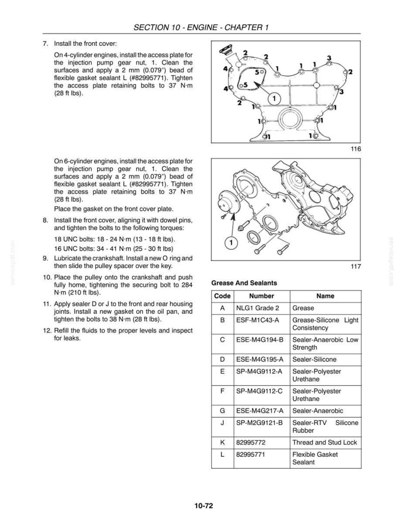 以下が含まれることがあります： SECTION 10 - ENGINE - CHAPTER 1と題された技術マニュアルのページ。エンジンフロントカバーの取り付け手順、番号付きの部品図、およびグリースとシーラントのコードと名称が記載された表が含まれています。