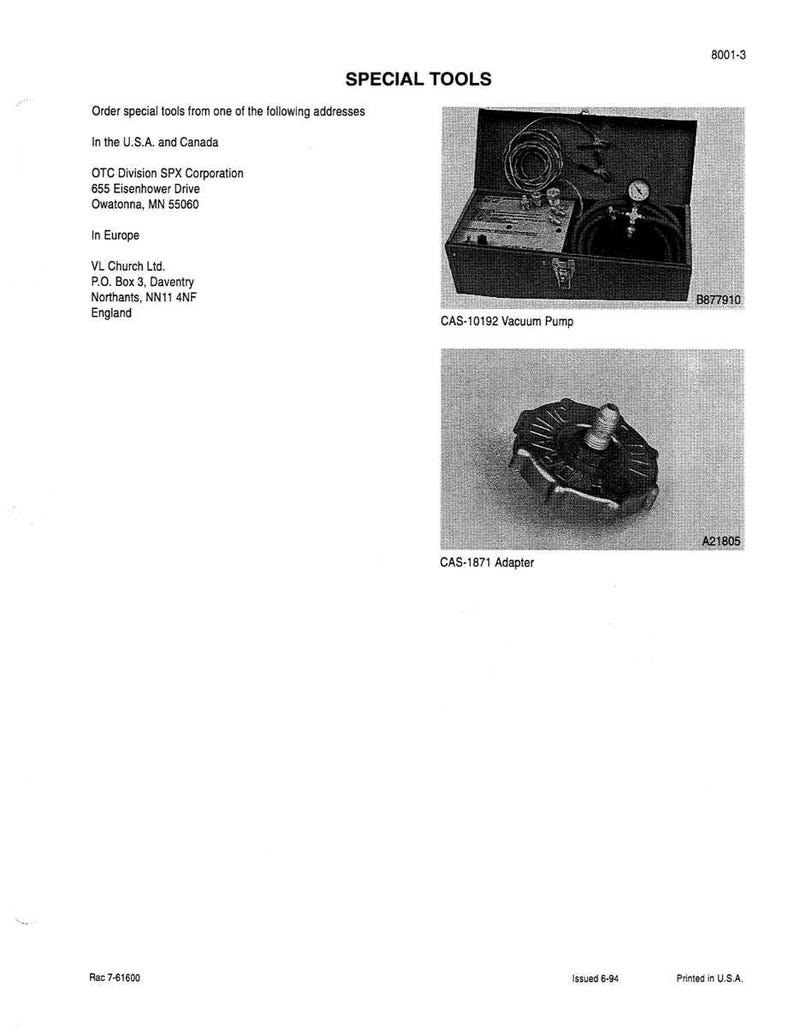 May include: A black and white image of special tools. The image includes a vacuum pump and an adapter. Text on the image includes the addresses for ordering tools in the U.S.A., Canada, and Europe. The image is labeled "SPECIAL TOOLS".