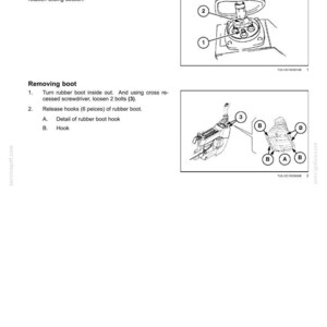 Puede incluir: Una p&aacute;gina de manual t&eacute;cnico titulada 7-MAINTENANCE, que detalla instrucciones para lubricar la varilla de empuje de una palanca de control y quitar una bota de goma. Incluye dibujos lineales en blanco y negro con llamadas numeradas.