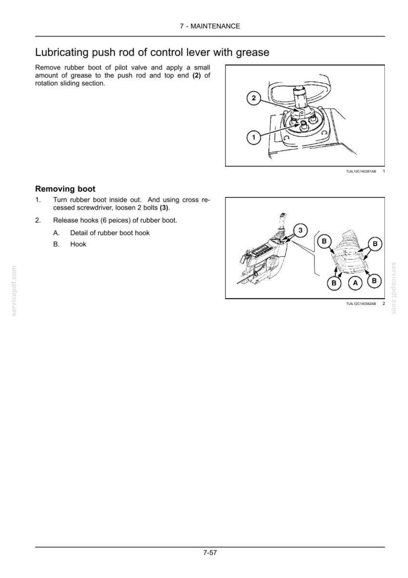 Puede incluir: Una p&aacute;gina de manual t&eacute;cnico titulada 7-MAINTENANCE, que detalla instrucciones para lubricar la varilla de empuje de una palanca de control y quitar una bota de goma. Incluye dibujos lineales en blanco y negro con llamadas numeradas.