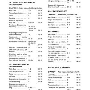 May include: A page from a manual with a table of contents. The table lists various mechanical and hydraulic systems, including front axle, rear mechanical transmission, brakes, and power take-off, with page numbers and dates.