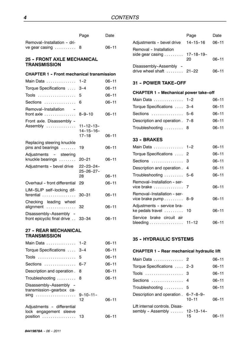 May include: A page from a manual with a table of contents. The table lists various mechanical and hydraulic systems, including front axle, rear mechanical transmission, brakes, and power take-off, with page numbers and dates.