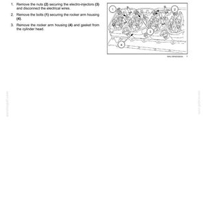 May include: Diagram of an engine cylinder head with labeled components for valve cover removal. Text includes instructions for removing nuts, bolts, and the rocker arm housing. The image is a technical illustration.