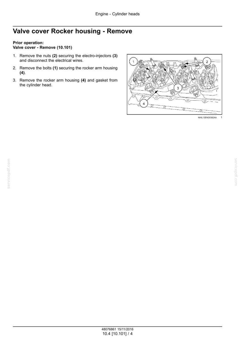 May include: Diagram of an engine cylinder head with labeled components for valve cover removal. Text includes instructions for removing nuts, bolts, and the rocker arm housing. The image is a technical illustration.