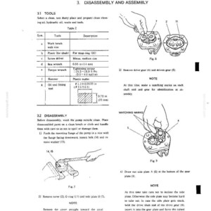 K&ouml;nnte beinhalten: Eine technische Handbuchseite mit dem Titel 3. DISASSEMBLY AND ASSEMBLY, die eine Werkzeugtabelle, Anweisungen zur Pumpenwartung sowie Diagramme mit der Bezeichnung Fig. 7, Fig. 8 und Fig. 9 mit mechanischen Teilen und Zahnr&auml;dern enth&auml;lt.