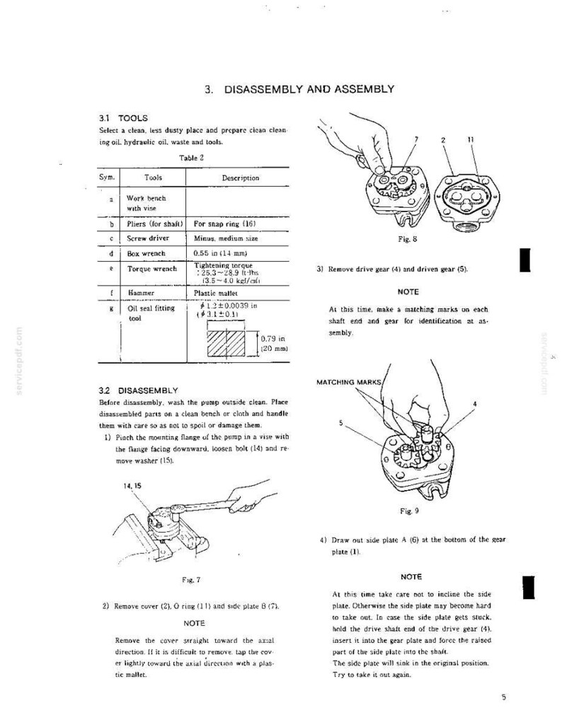 K&ouml;nnte beinhalten: Eine technische Handbuchseite mit dem Titel 3. DISASSEMBLY AND ASSEMBLY, die eine Werkzeugtabelle, Anweisungen zur Pumpenwartung sowie Diagramme mit der Bezeichnung Fig. 7, Fig. 8 und Fig. 9 mit mechanischen Teilen und Zahnr&auml;dern enth&auml;lt.