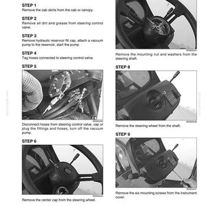 May include: A technical diagram with instructions for removing parts of a steering control valve. The steps include removing the cab skirts, cleaning the valve, and disconnecting hoses. The diagram includes images of the steering wheel and related components.