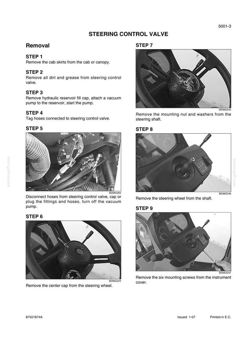 May include: A technical diagram with instructions for removing parts of a steering control valve. The steps include removing the cab skirts, cleaning the valve, and disconnecting hoses. The diagram includes images of the steering wheel and related components.