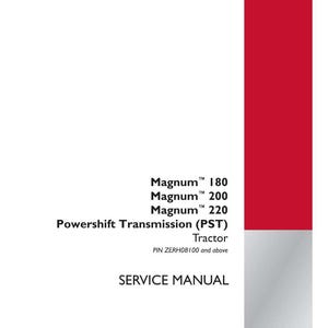 May include: A white service manual with red accents. The text includes "Magnum 180, 200, 220", "Powershift Transmission (PST) Tractor", and "SERVICE MANUAL". The Case IH Agriculture logo is in the bottom right.
