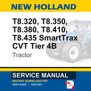 May include: A blue and white New Holland tractor is featured in this image. The text on the image lists tractor models T8.320, T8.350, T8.380, T8.410, and T8.435 SmartTrax CVT Tier 4B. The image also includes the words "Service Manual".