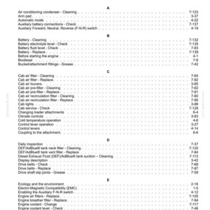 May include: An index page from a service manual, listing various maintenance and operational topics. The page is organized alphabetically, with topics like "Battery - Cleaning" and "Engine oil filter - Replace" and corresponding page numbers.