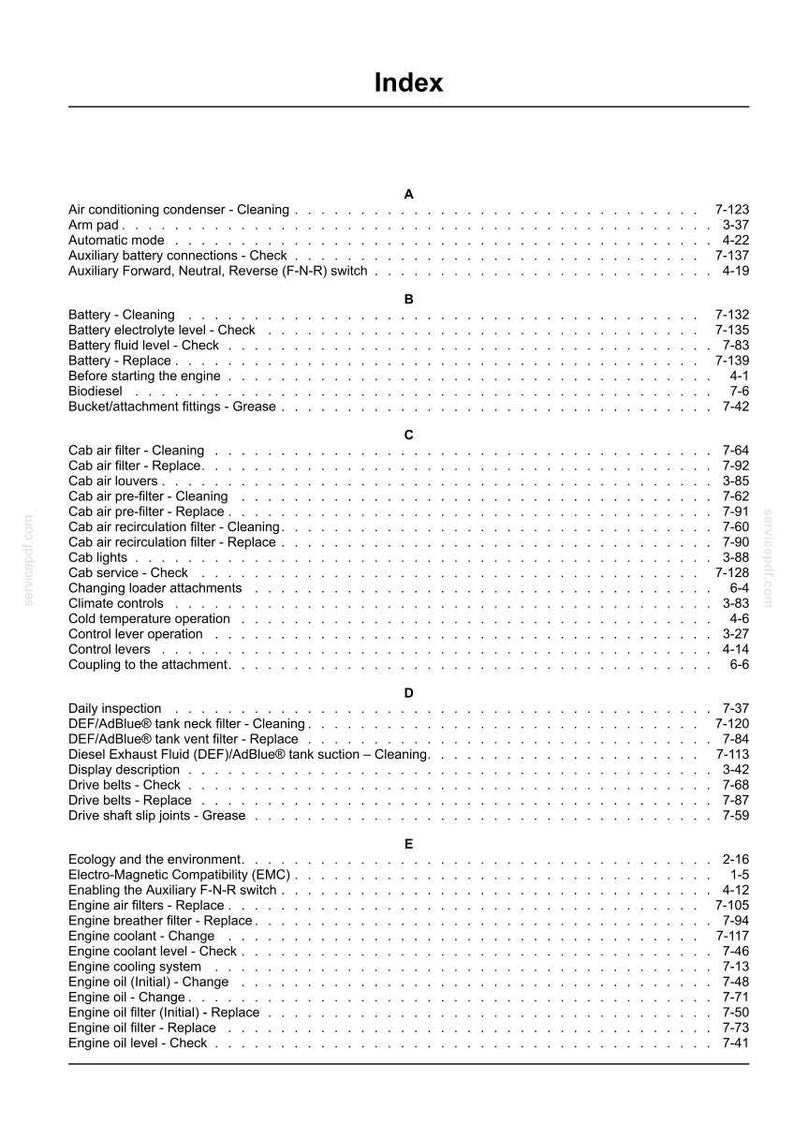 May include: An index page from a service manual, listing various maintenance and operational topics. The page is organized alphabetically, with topics like "Battery - Cleaning" and "Engine oil filter - Replace" and corresponding page numbers.