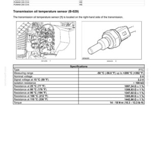 Peut inclure: Sch&eacute;ma des capteurs de temp&eacute;rature du fluide et de l'huile de transmission. Comprend les sp&eacute;cifications de la plage de mesure, de la tension, de la r&eacute;sistance &agrave; diff&eacute;rentes temp&eacute;ratures (25&deg;C, 80&deg;C, 90&deg;C, 100&deg;C, 110&deg;C) et du couple. L'image montre &eacute;galement un capteur avec un connecteur.