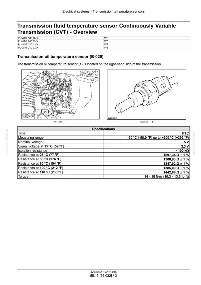 Peut inclure: Sch&eacute;ma des capteurs de temp&eacute;rature du fluide et de l'huile de transmission. Comprend les sp&eacute;cifications de la plage de mesure, de la tension, de la r&eacute;sistance &agrave; diff&eacute;rentes temp&eacute;ratures (25&deg;C, 80&deg;C, 90&deg;C, 100&deg;C, 110&deg;C) et du couple. L'image montre &eacute;galement un capteur avec un connecteur.