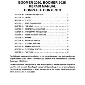 K&ouml;nnte beinhalten: Ein gedrucktes Reparaturhandbuch f&uuml;r die Modelle T2210, T2220, Boomer 2030 und Boomer 2035. Das Cover zeigt den Titel und ein detailliertes Inhaltsverzeichnis, einschlie&szlig;lich Abschnitte zu Motoren, Bremsen und elektrischen Systemen. Das Handbuch ist ein umfassender Leitfaden.