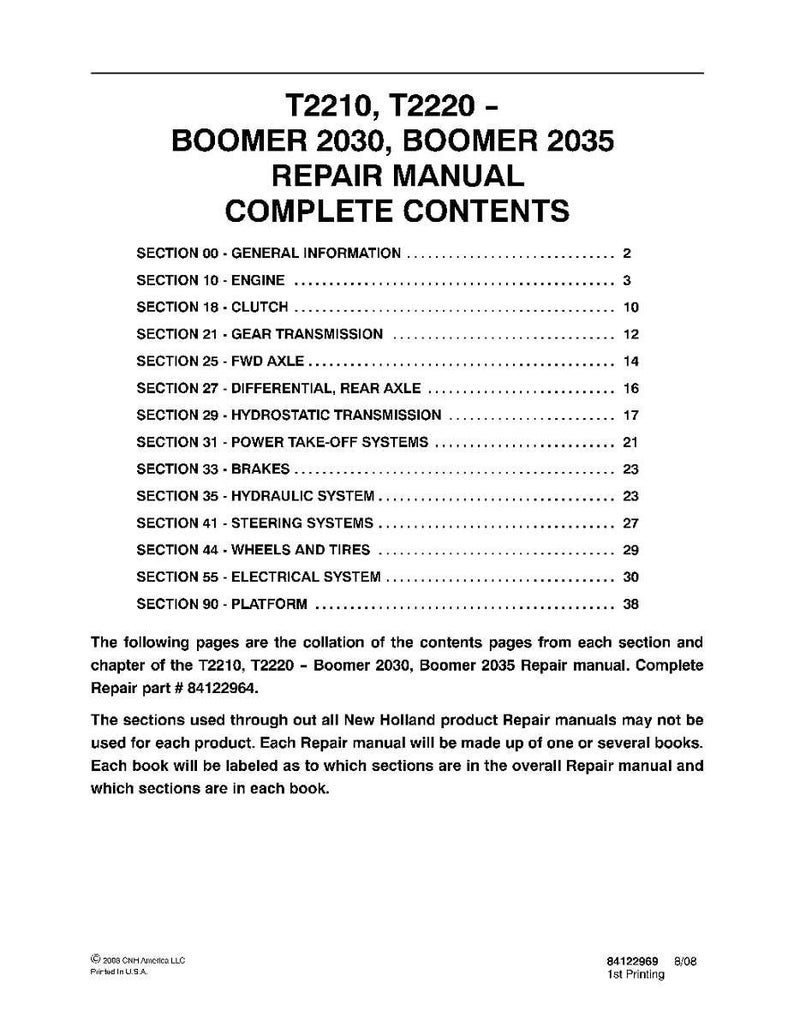 K&ouml;nnte beinhalten: Ein gedrucktes Reparaturhandbuch f&uuml;r die Modelle T2210, T2220, Boomer 2030 und Boomer 2035. Das Cover zeigt den Titel und ein detailliertes Inhaltsverzeichnis, einschlie&szlig;lich Abschnitte zu Motoren, Bremsen und elektrischen Systemen. Das Handbuch ist ein umfassender Leitfaden.