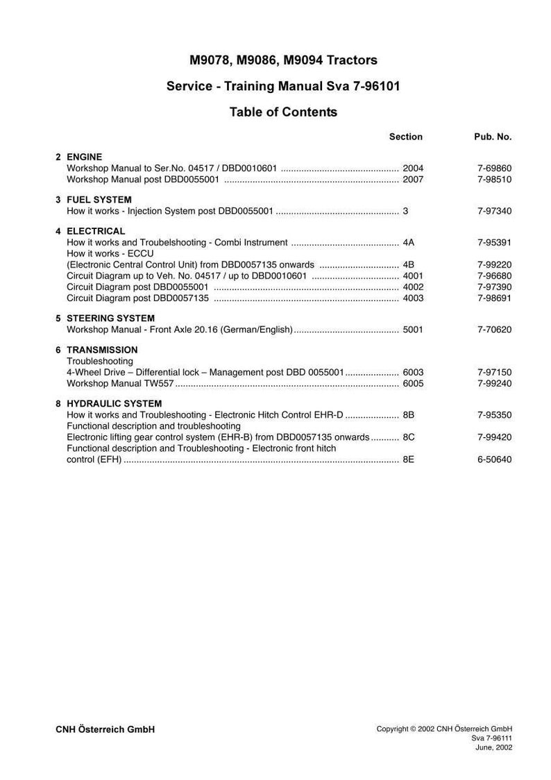 May include: A service training manual table of contents for M9078, M9086, and M9094 tractors, document Sva 7-96101. The text lists sections for engine, fuel system, electrical, steering system, transmission, and hydraulic system with publication numbers.