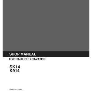 K&ouml;nnte beinhalten: Ein Kobelco Werkstatthandbuch f&uuml;r einen Hydraulikbagger, Modelle SK14 und K914. Der Einband ist dunkelgrau mit wei&szlig;em Text, inklusive Kobelco-Logo, Titel, Modellnummern, Ausgabedatum 02-1987 und den Referenzcodes S5LR0001E-02 NA.