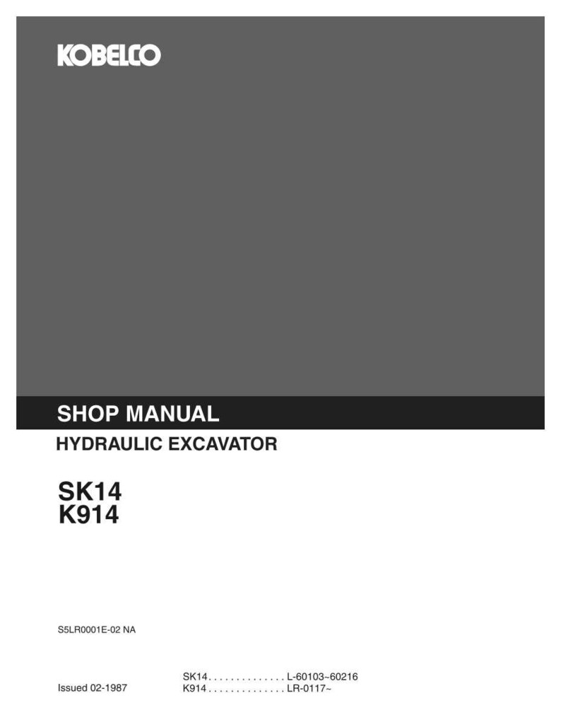 K&ouml;nnte beinhalten: Ein Kobelco Werkstatthandbuch f&uuml;r einen Hydraulikbagger, Modelle SK14 und K914. Der Einband ist dunkelgrau mit wei&szlig;em Text, inklusive Kobelco-Logo, Titel, Modellnummern, Ausgabedatum 02-1987 und den Referenzcodes S5LR0001E-02 NA.