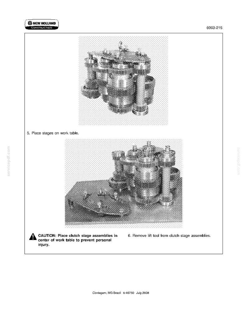 K&ouml;nnte beinhalten: Technische Zeichnung mit zwei detaillierten Bildern von mechanischen Komponenten. Das obere Bild zeigt eine Ansammlung zylindrischer Teile. Das untere Bild zeigt eine &auml;hnliche Baugruppe auf einer Metallbasis. Text enth&auml;lt "NEW HOLLAND CONSTRUCTION" und Sicherheitshinweise.