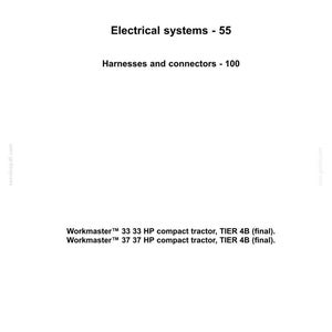 Pu&ograve; includere: Documento bianco con il logo New Holland Agriculture. Contiene "Sistemi elettrici - 55" e "Cablaggi e connettori - 100". Elenca i modelli di trattori compatti Workmaster.