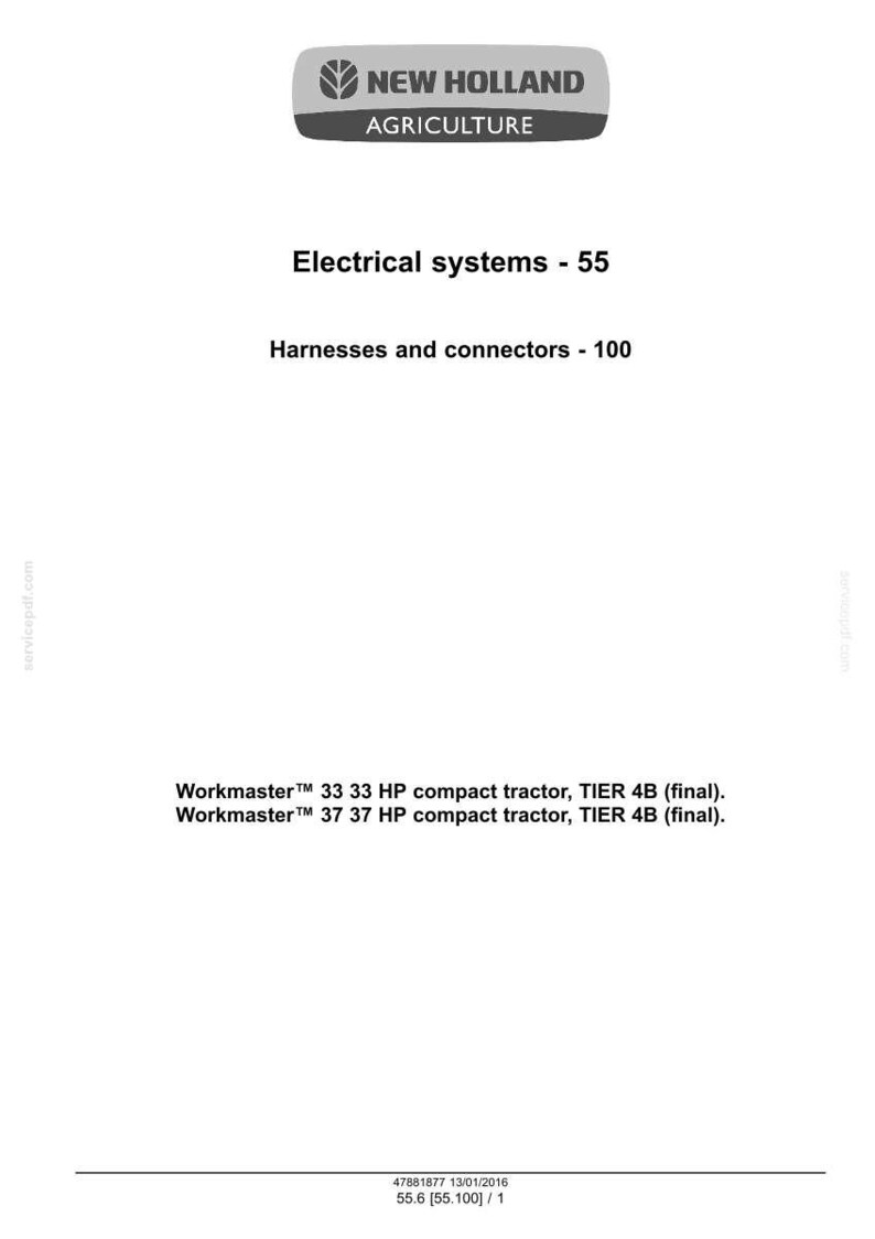 Pu&ograve; includere: Documento bianco con il logo New Holland Agriculture. Contiene "Sistemi elettrici - 55" e "Cablaggi e connettori - 100". Elenca i modelli di trattori compatti Workmaster.