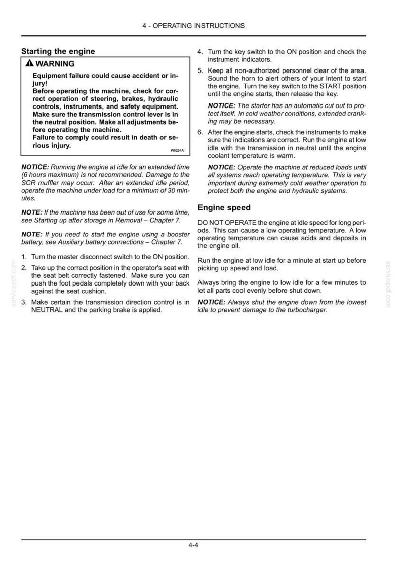 Pode incluir: Uma p&aacute;gina de documento t&eacute;cnico intitulada 4 - OPERATING INSTRUCTIONS, detalhando procedimentos para ligar o motor e gerenciar a velocidade. O texto inclui avisos de seguran&ccedil;a, notas operacionais e etapas numeradas para a partida.