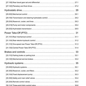 May include: A detailed technical manual page with various mechanical system components listed. Sections include rear axle, hydrostatic drive, power take-off, brakes, controls, and hydraulic systems. The page has a white background with black text.