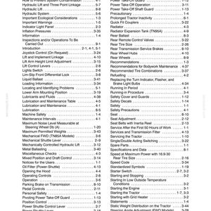 May include: A black and white table of contents page from a technical manual, featuring two columns of text listing various tractor components, maintenance procedures, and safety operations, with corresponding page numbers on the right side.