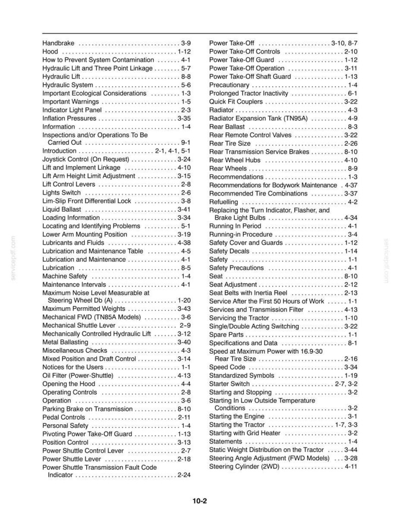 May include: A black and white table of contents page from a technical manual, featuring two columns of text listing various tractor components, maintenance procedures, and safety operations, with corresponding page numbers on the right side.