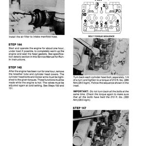 May include: Black and white technical manual pages with instructions for engine maintenance. Step-by-step procedures include installing an air filter, warming up the engine, and tightening cylinder head bolts to 210 ft. lbs. (285 Nm). Includes diagrams and torque sequence.