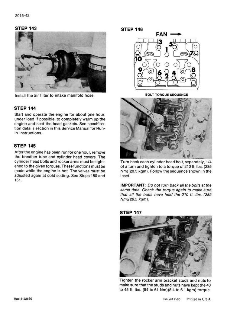 May include: Black and white technical manual pages with instructions for engine maintenance. Step-by-step procedures include installing an air filter, warming up the engine, and tightening cylinder head bolts to 210 ft. lbs. (285 Nm). Includes diagrams and torque sequence.