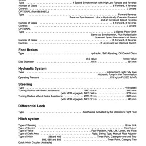 May include: A detailed technical document with specifications for transmissions, foot brakes, hydraulic systems, steering, differential lock, and hitch systems. Includes measurements in inches and pounds per square inch, and also metric values. The document is labeled 1000-7.