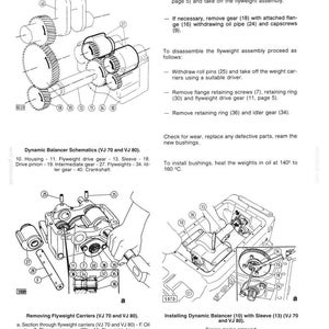 Pu&ograve; includere: Diagramma tecnico di un gruppo ingranaggi albero motore, con schemi dettagliati e istruzioni. Include parti etichettate come alloggiamento, ingranaggi e anelli di tenuta. Il testo include "ENGINE: Crank Gear" e "Dynamic Balancer Schematics".
