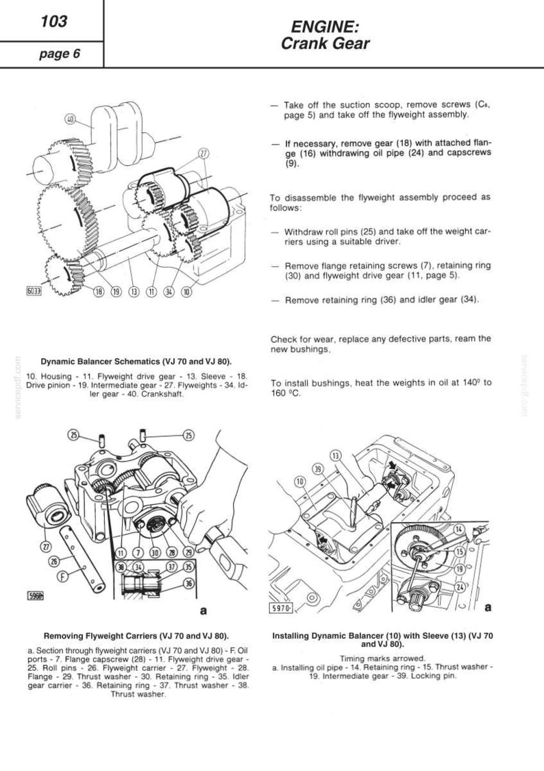 Pu&ograve; includere: Diagramma tecnico di un gruppo ingranaggi albero motore, con schemi dettagliati e istruzioni. Include parti etichettate come alloggiamento, ingranaggi e anelli di tenuta. Il testo include "ENGINE: Crank Gear" e "Dynamic Balancer Schematics".