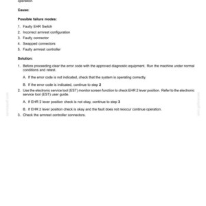 K&ouml;nnte beinhalten: Ein wei&szlig;es Dokument mit dem Titel "Electrical systems - FAULT CODES" und dem Text "18042-EHR (remote valve) 2 lever position - voltage too low." Das Dokument listet m&ouml;gliche Fehlerursachen und eine L&ouml;sung auf.