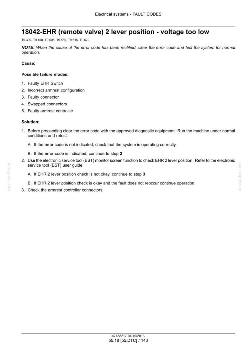K&ouml;nnte beinhalten: Ein wei&szlig;es Dokument mit dem Titel "Electrical systems - FAULT CODES" und dem Text "18042-EHR (remote valve) 2 lever position - voltage too low." Das Dokument listet m&ouml;gliche Fehlerursachen und eine L&ouml;sung auf.