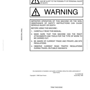 May include: A white document with black text, including a warning symbol and the word "WARNING." The text details safety instructions for a machine, emphasizing the importance of reading the manual and following regulations.