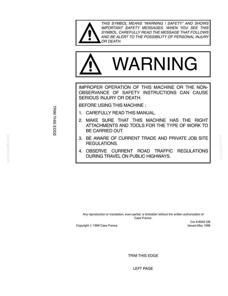 May include: A white document with black text, including a warning symbol and the word "WARNING." The text details safety instructions for a machine, emphasizing the importance of reading the manual and following regulations.
